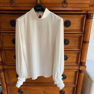ModCloth sheer cream blouse with ruffle sleeves, keyhole back. Size small
